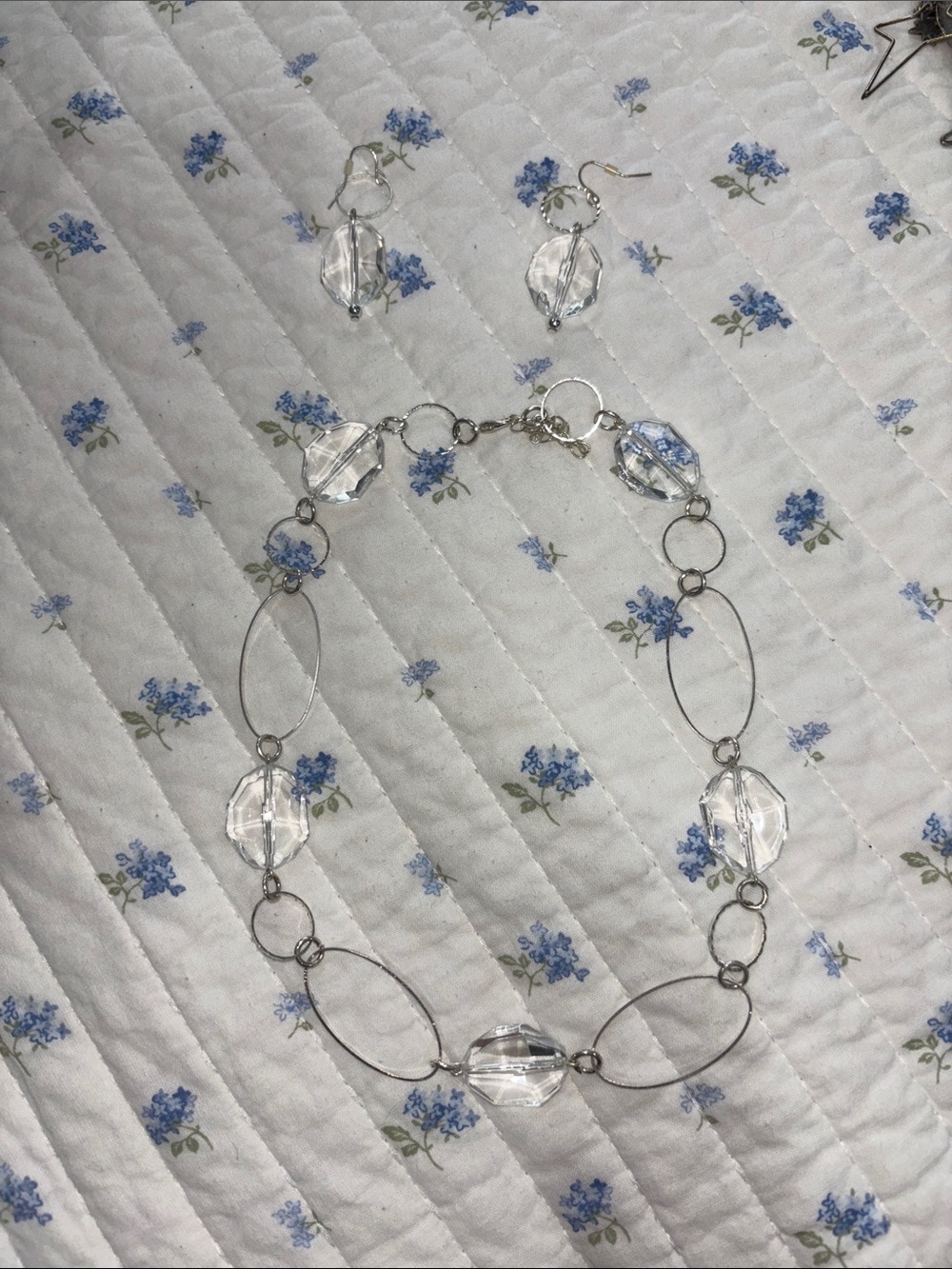 Clear Crystal Link Necklace and Earring Set - Silver Tone
